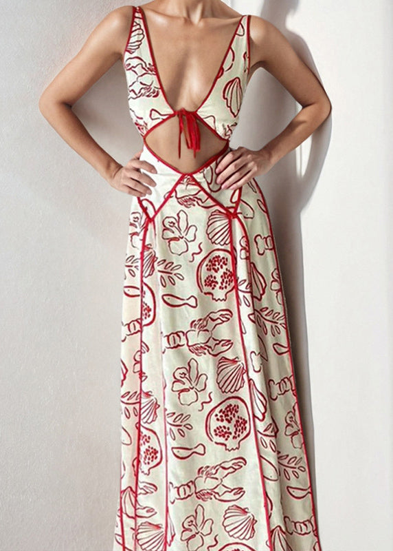 Red V Neck Print Hollow Out Cotton Dresses Sleeveless