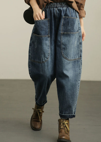 Blue Pockets Denim Harem Pants Fall