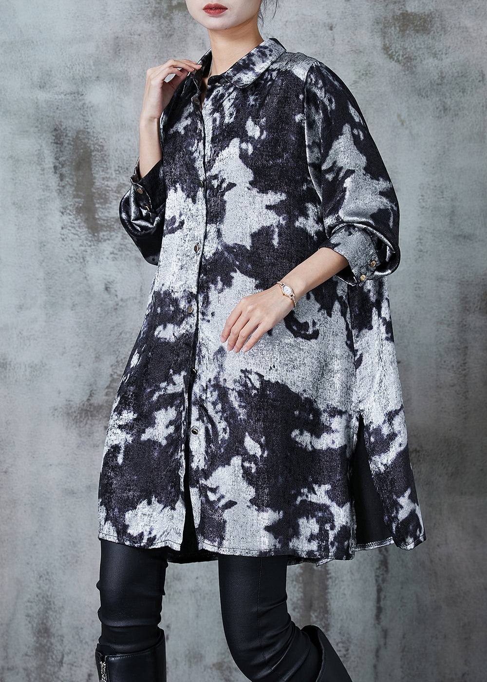 Grey Oversized Tie Dye Silk Printing Shirt Dress Fall