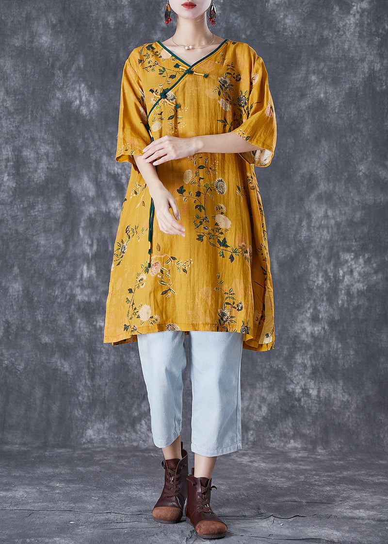 Yellow Tasseled Print Linen Dresses Summer