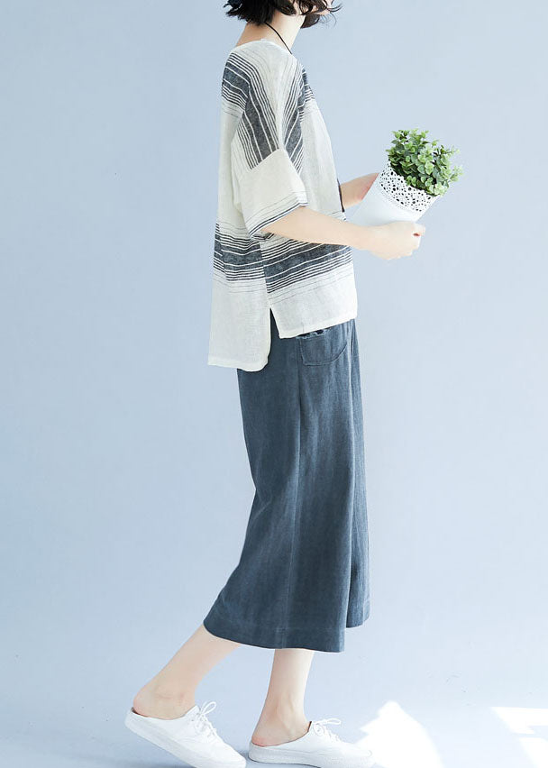 White Striped Cotton Loose Tops O-neck Batwing Sleeve