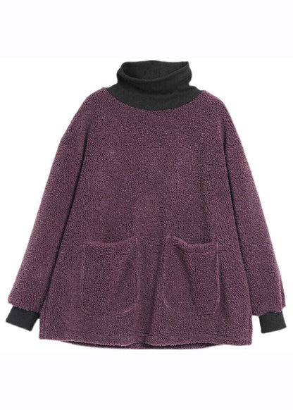 Purple Pockets Patchwork Faux Fur Fleece Sweatshirt Long Sleeve