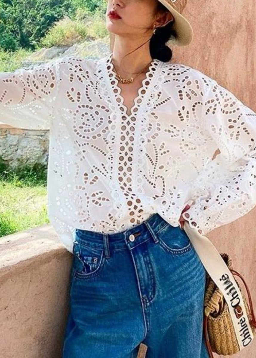 White Oversized Hollow Out Cotton Top Fall