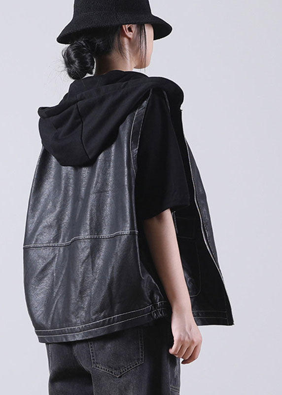 Boutique Black Patchwork Hooded Zippered Fall Pockets Blouse Tops Pu Waistcoat