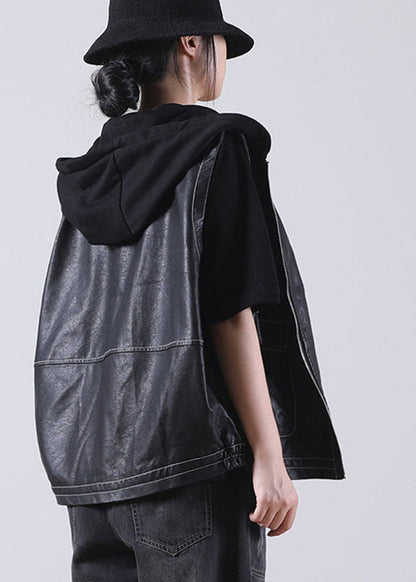 Boutique Black Patchwork Hooded Zippered Fall Pockets Blouse Tops Pu Waistcoat