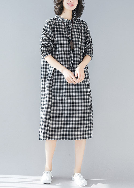 Black White Plaid Stand Collar Pockets Side Open Linen Dresses Long Sleeve