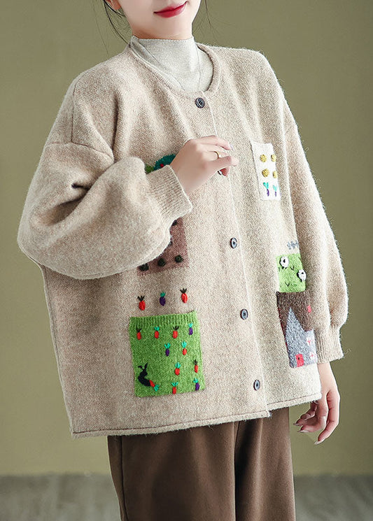 Apricot O Neck Pockets Button Knit Cardigans Coat Fall