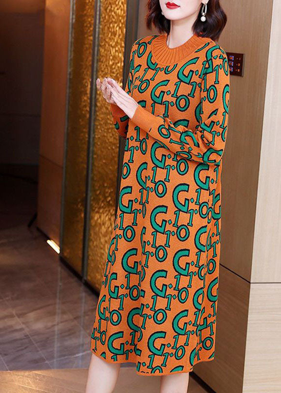 Simple Orange O-neck Letter Print Knit Sweater Dress Long Sleeve