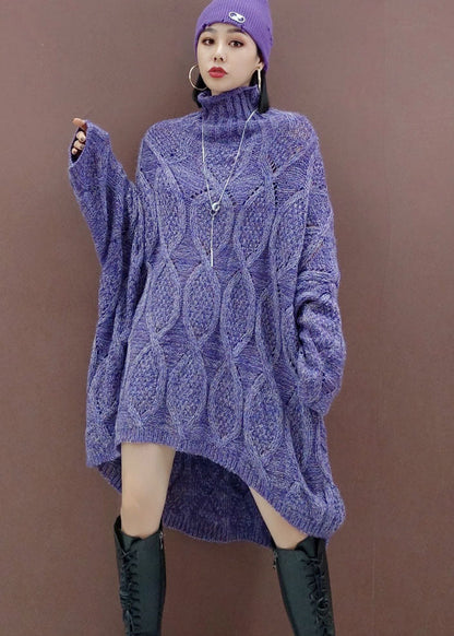 Purple Low High Design Long Knit Dress Spring
