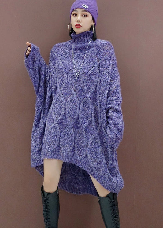Purple Low High Design Long Knit Dress Spring