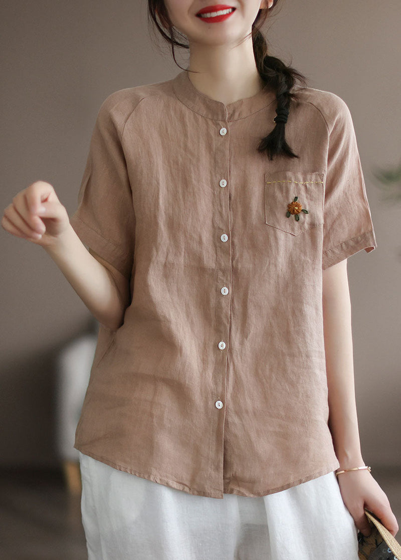 Khaki Loose Linen Shirt Top Embroideried Button Short Sleeve
