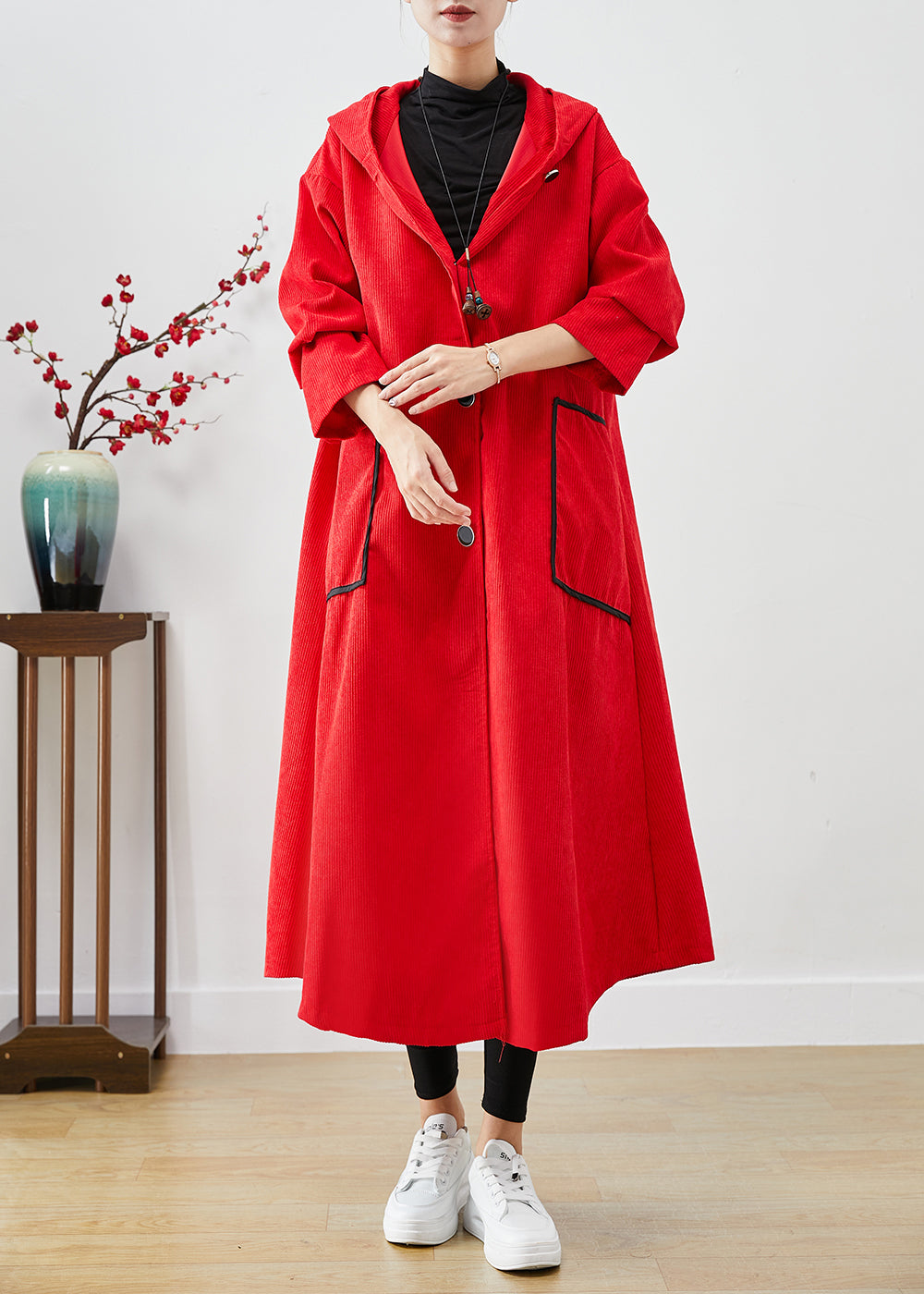 Red Hooded Big Pockets Corduroy Trench Coat Fall
