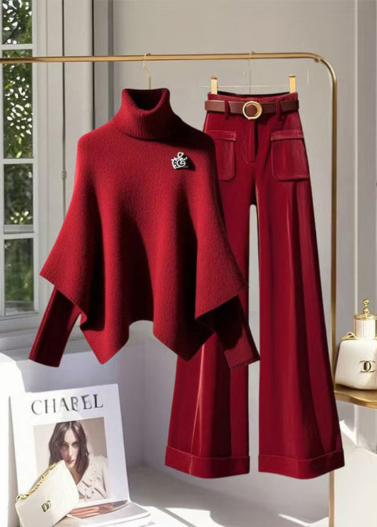 Stylish Red Hign Neck Knit Sweaters and Velvet Pants Two Piece Set Spring