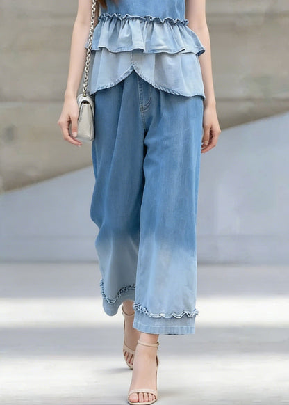 Gradient Color Ruffled Patchwork Denim Two Pieces Set Sleeveless