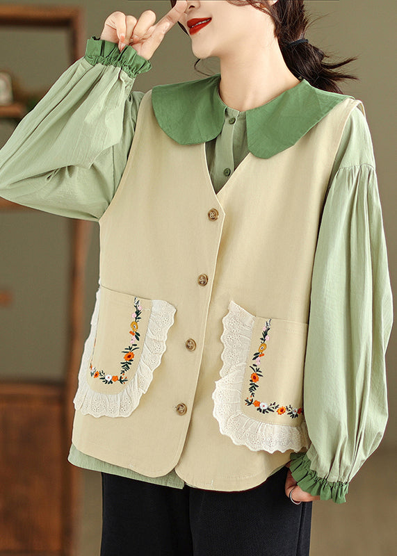 New Khaki Waistcoat and Green Ruffled Blouses Cotton 2 Piece Outfit Fall