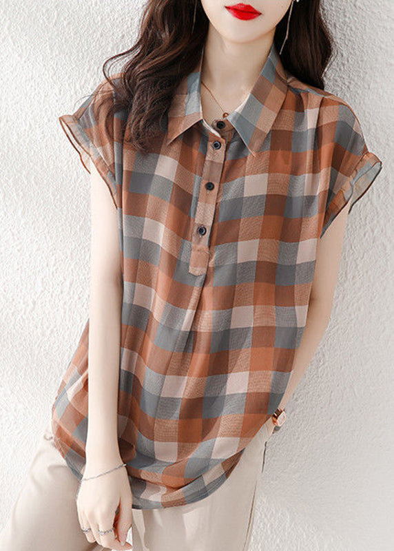 Peter Pan Collar Plaid Chiffon Shirts Short Sleeve
