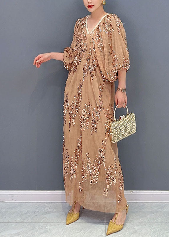 Khaki Sequins Wrinkled Tulle Party Long Dress Puff Sleeve