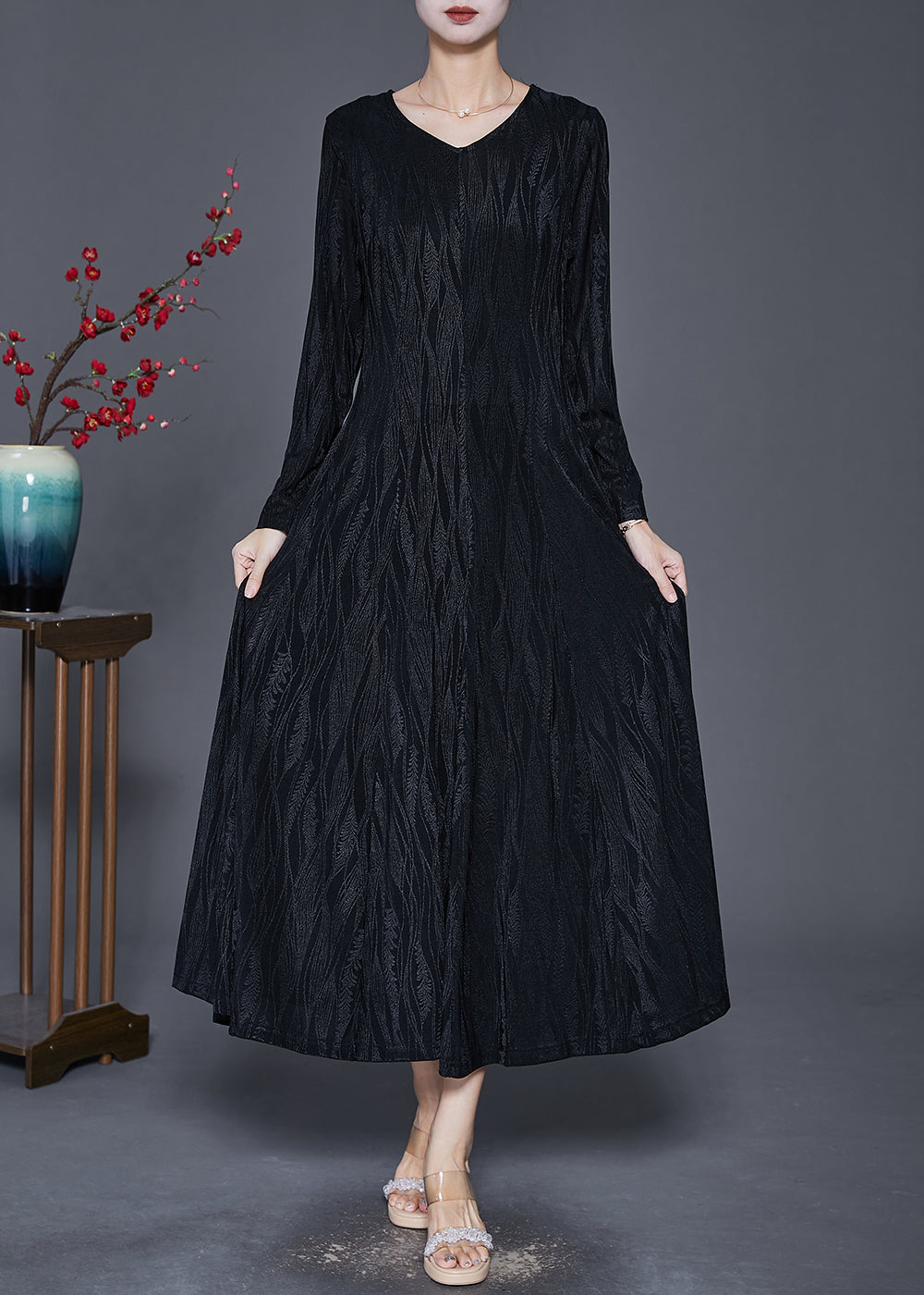 Black Print Cotton a Line Dress V Neck Silm Fit Spring