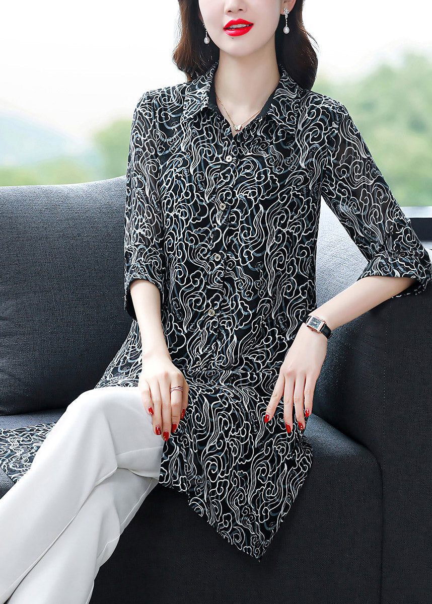 Black Peter Pan Collar Button Print Chiffon Shirt Tops Spring