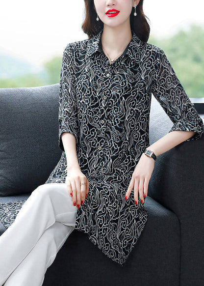 Black Peter Pan Collar Button Print Chiffon Shirt Tops Spring