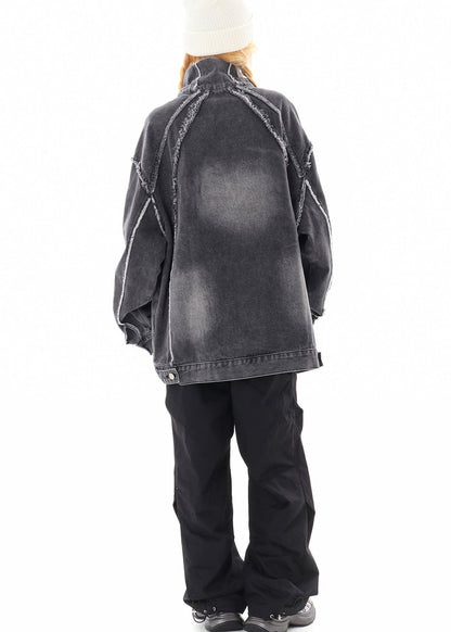 Grey Oversized Stand Collar Embroidered Denim Pullover Coats Spring