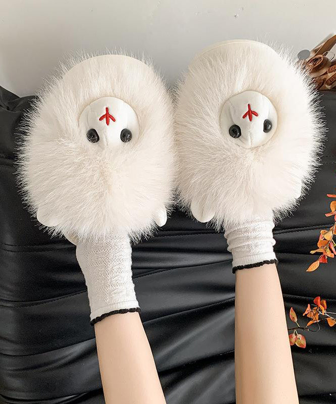 Beige Slippers Shoes Fuzzy Fur Splicing