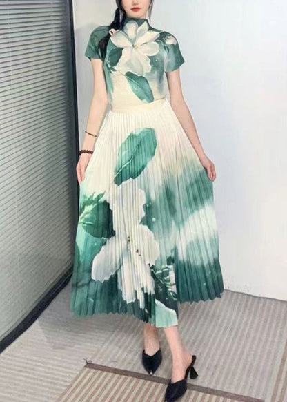 Italian Green Turtleneck Print Top and Skirts Two Piece Set Short Sleeve