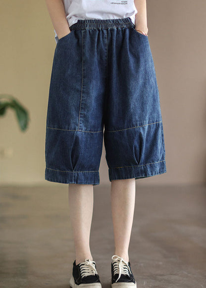 Blue Elastic Waist Pockets Patchwork Cotton Denim Half Pants Summer
