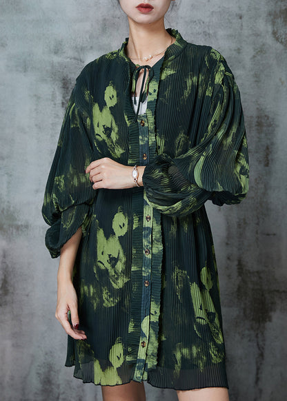 Blackish Green Tie Dye Pleated Dress Spring