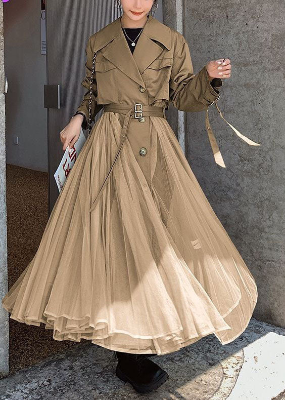 Khaki Peter Pan Collar Tulle Patchwork Cotton Trench Coat Long Sleeve