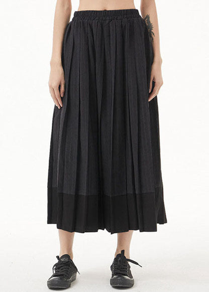 Dark Grey Elastic Waist Patchwork Pleated Skirt Spring