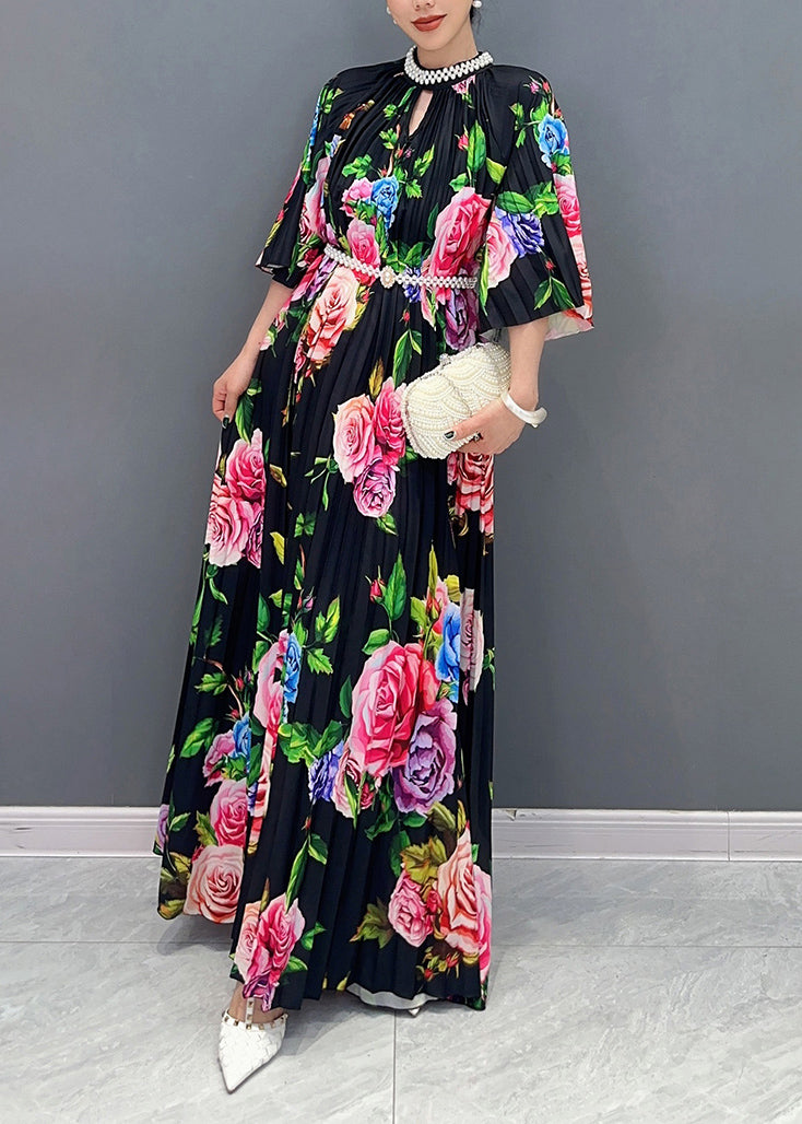 Black Blossoming Cotton Long Dress Summer