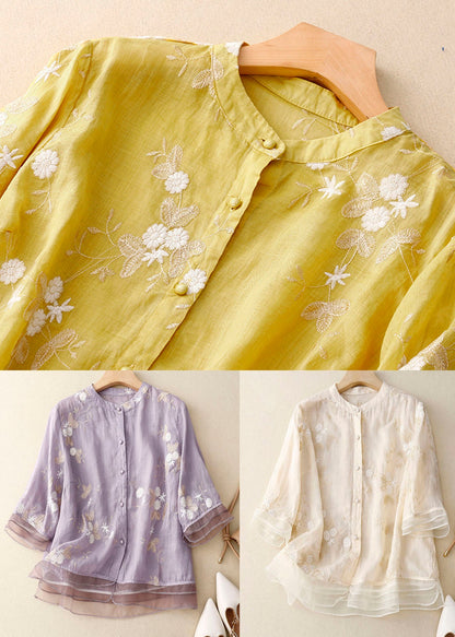 Yellow Stand Collar Embroideried Patchwork Cotton Shirts Bracelet Sleeve