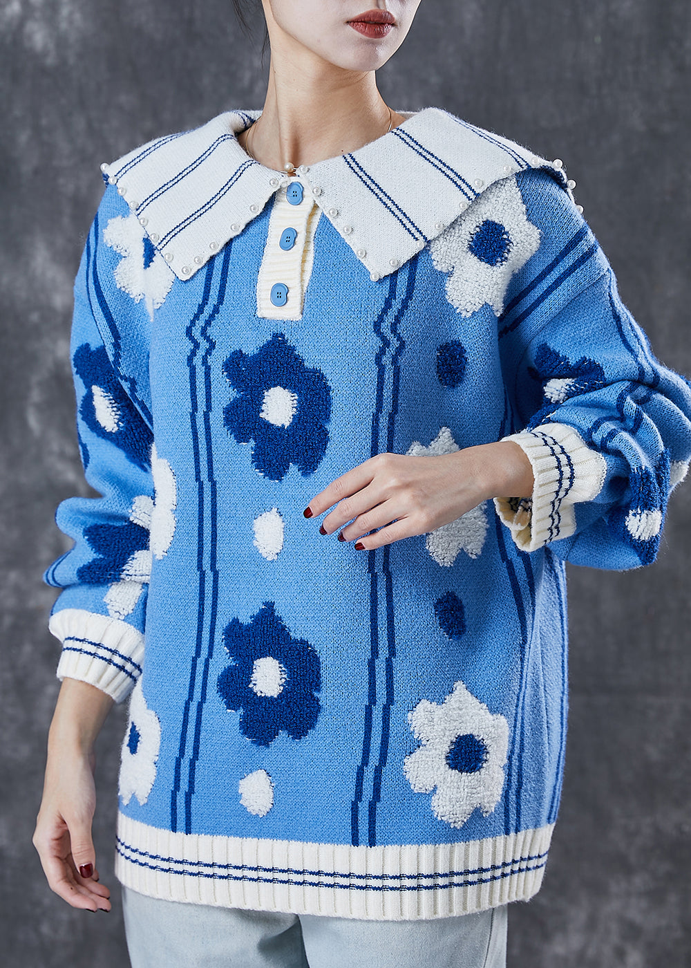 Blue Jacquard Knitted Tops Oversized Pearls Spring