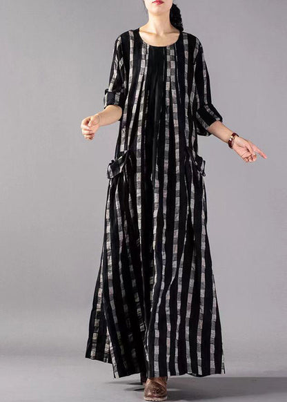 Black O-neck Plaid Print Cotton Long Dresses Long Sleeve