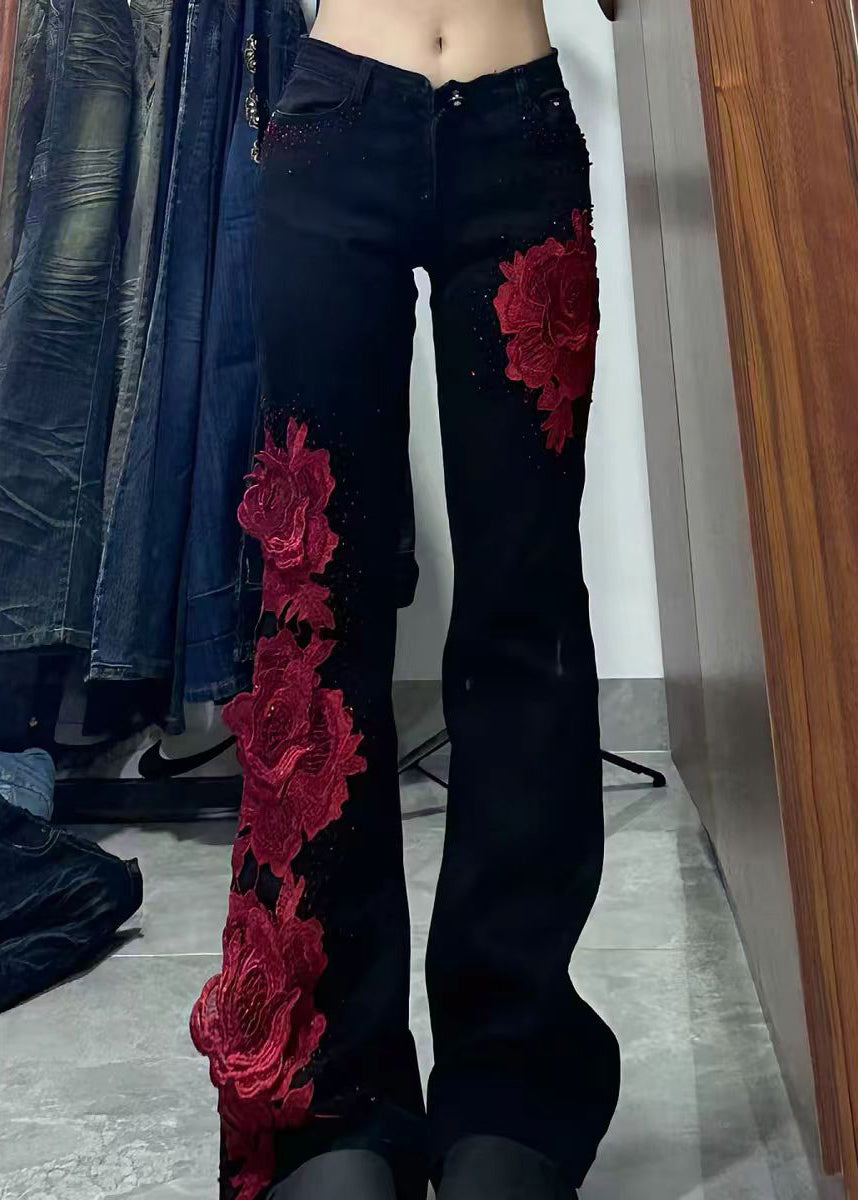 Black Patchwork Rose Decorated Denim Flared Trousers Spring