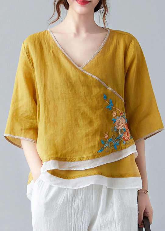 French White Bamboo V Neck Asymmetrical Design Shirt Spring