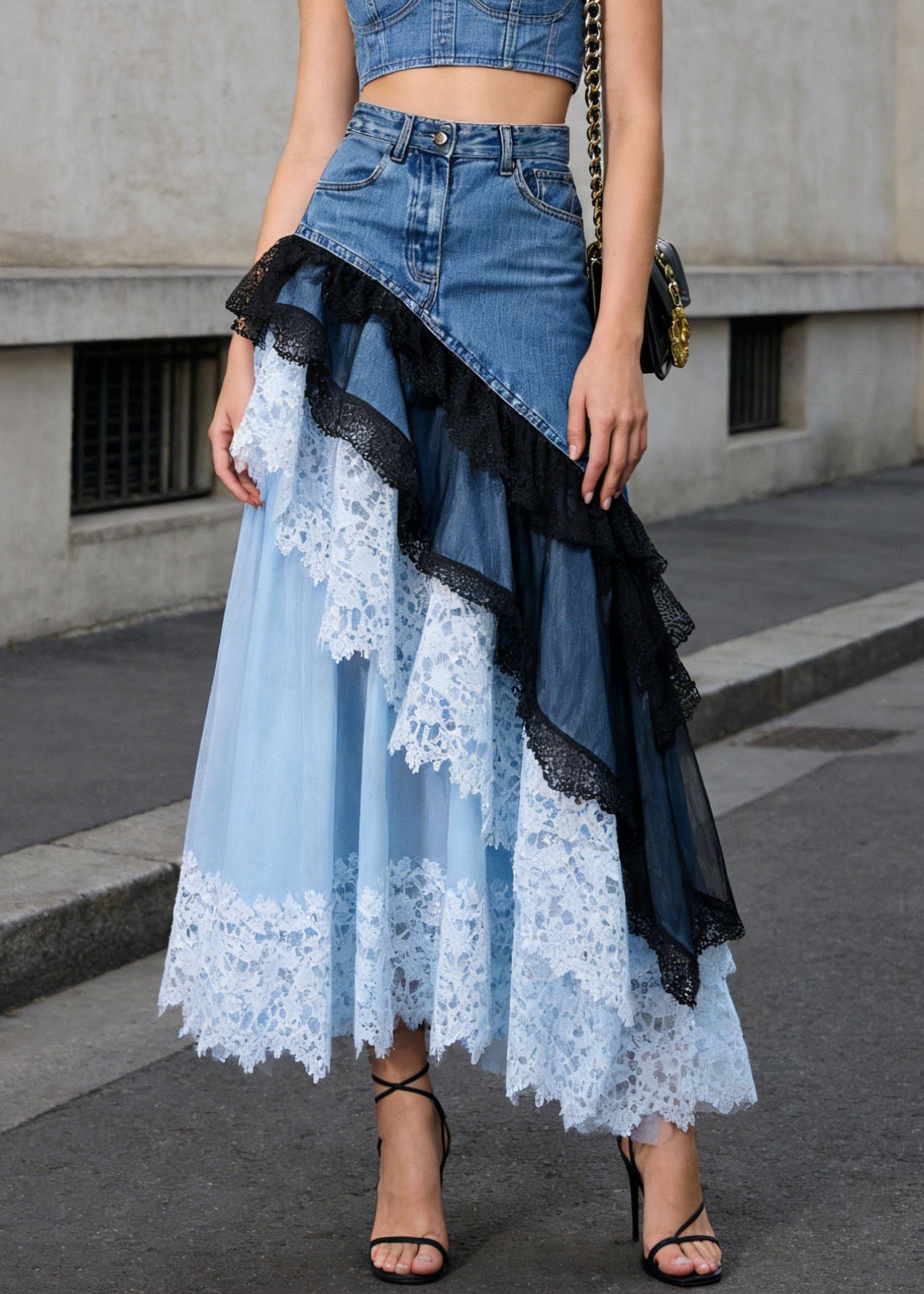 Blue Asymmetrical Lace Patchwork Denim Skirts Summer