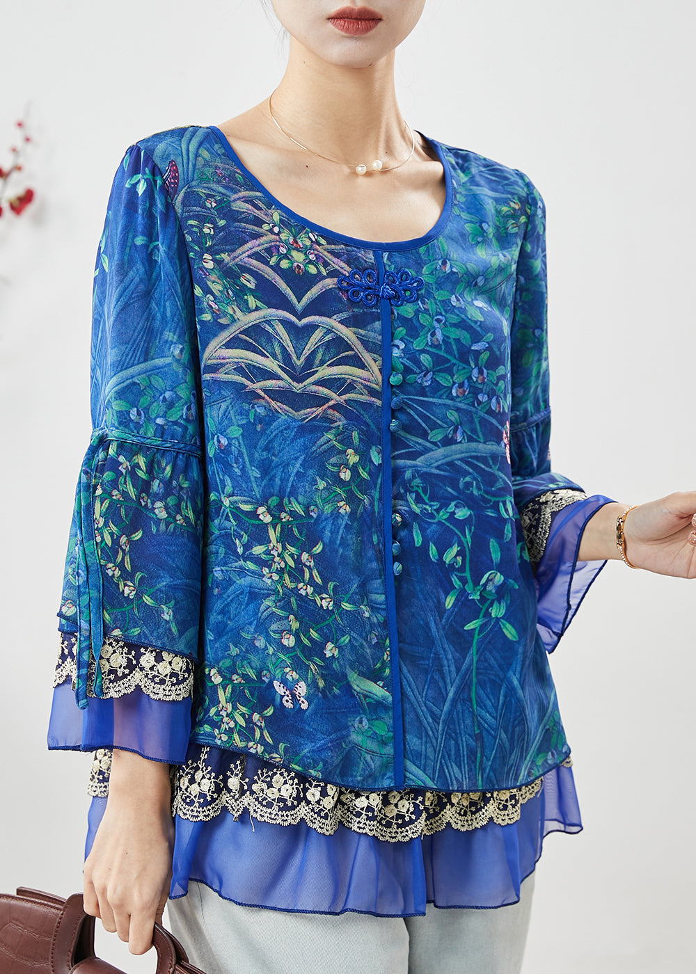 Blue Print Patchwork Chiffon Shirt Spring