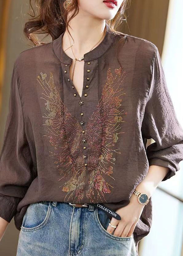 Coffee Patchwork Loose Chiffon Shirts Top V Neck Fall