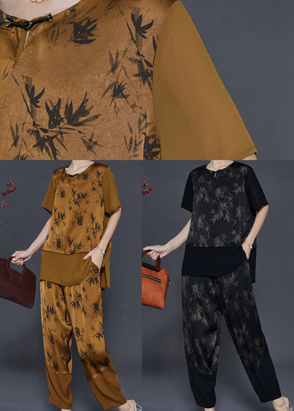 Yellow Print Patchwork Silk Two Pieces Set Summer