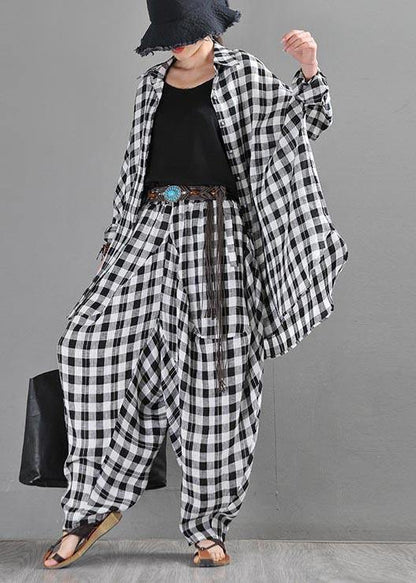 Black Plaid Batwing Sleeve Linen Top Summer