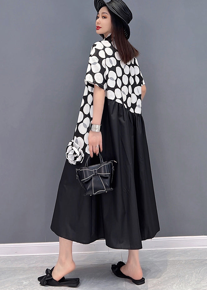 Black Oversized Cotton Shirt Dress Patchwork Wrinkled Dot Print Short Sleeve
