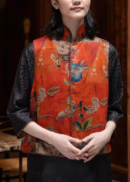 Original Design Red Stand Collar Embroideried Silk Chinese Style Vest Sleeveless