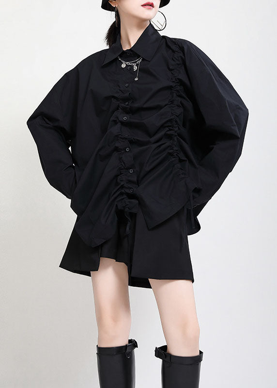 Black Peter Pan Collar Button Asymmetrical Design Drawstring Fall Shirts Long Sleeve