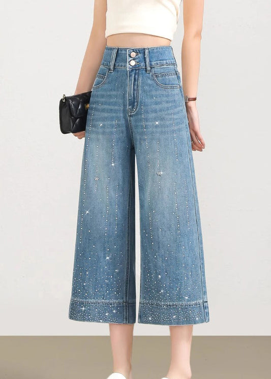 Blue Pockets Zircon Denim Crop Pants Summer