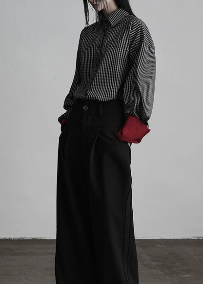 Black Peter Pan Collar Plaid Button Cotton Shirts Fall