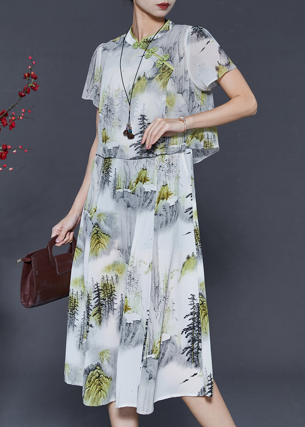 White Print Chiffon Oriental Dresses Summer