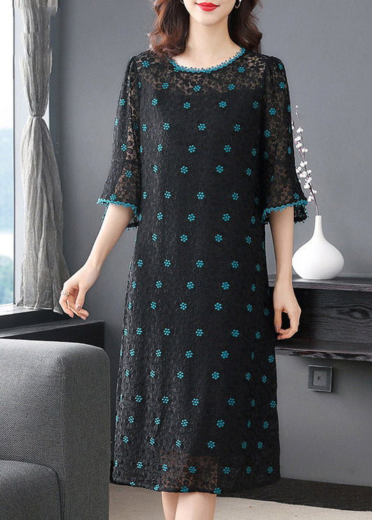 Fitted Green O-neck Embroideried Silk Dress Half Sleeve