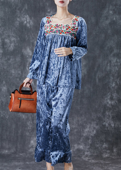 Blue Patchwork Silk Velour Two-piece Set Square Collar Embroideried Fall